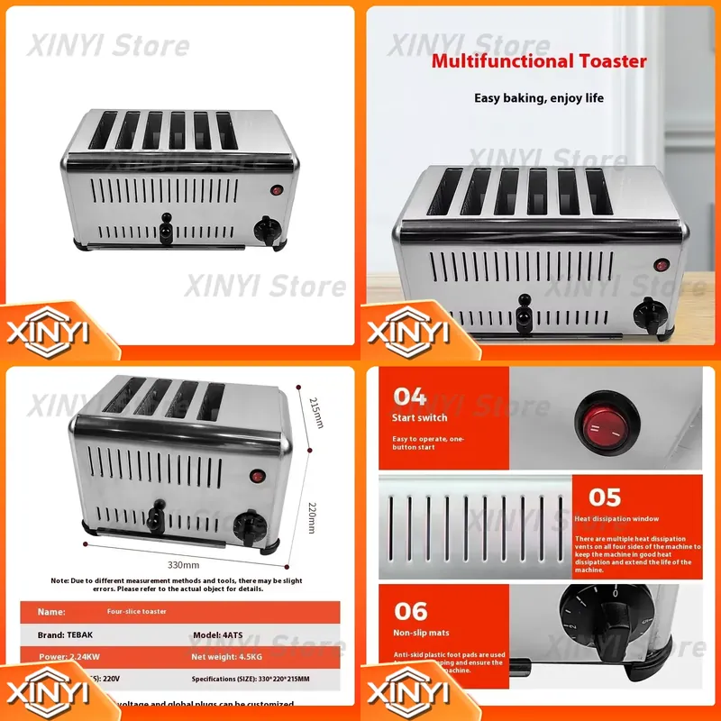 Toaster 4 Slice - ステンレス製電気パン焼き機、業務用4/6枚焼きパン焼き機、電気パンメーカー、トースターオーブン