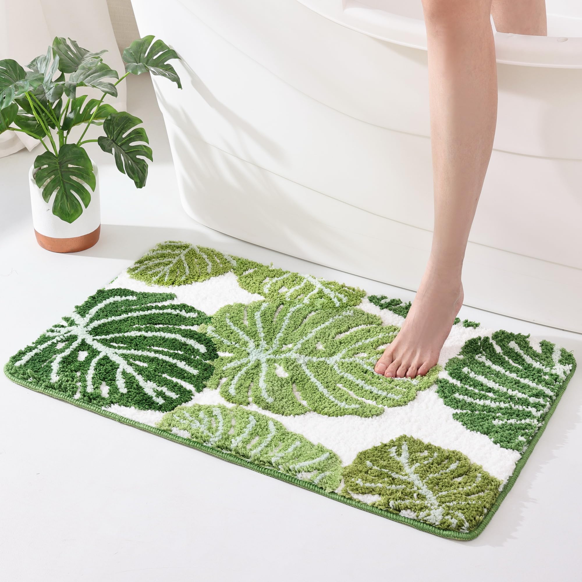 Kitchen Appliances Green - VIKAMA グリーンリーフパターンフロアマット 愛らしい植物の形をした滑り止めパームリーフソフトマット 楽しいキッチンフロアマット ホームデコレーション用