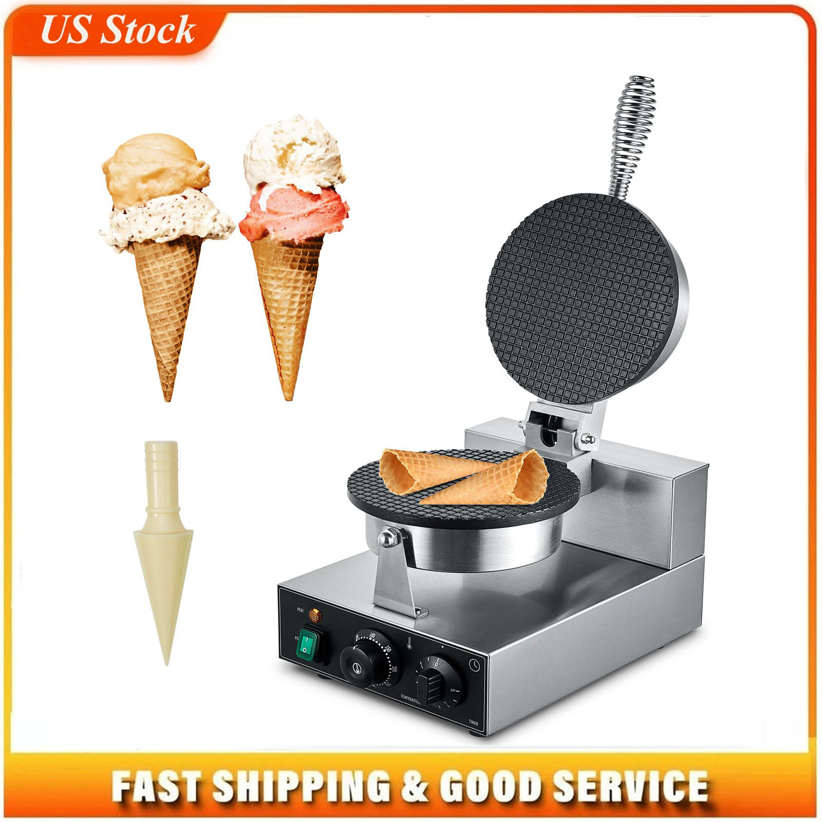 Ice Cream Maker Electric - 電動アイスクリームコーンメーカー、業務用1230Wワッフルコーンマシン、焦げ付き防止ステンレス鋼エッグロール型、温度と時間制御機能付き、ハンドル付き、レストラン、ベーカリー、スナックバー、家族向け